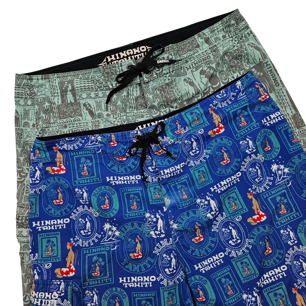 Hinano Tahiti Board Shorts Mens 38 Blue Green Graphic Tribal Surf Beach 2 Pack